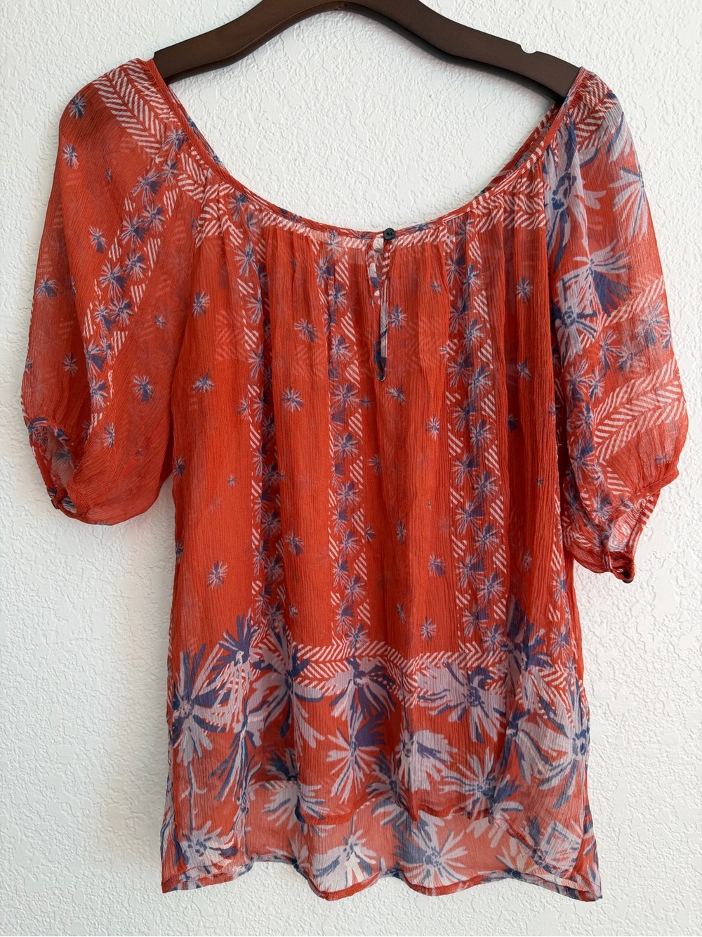 Joie Red Floral Sheer Peasant Blouse